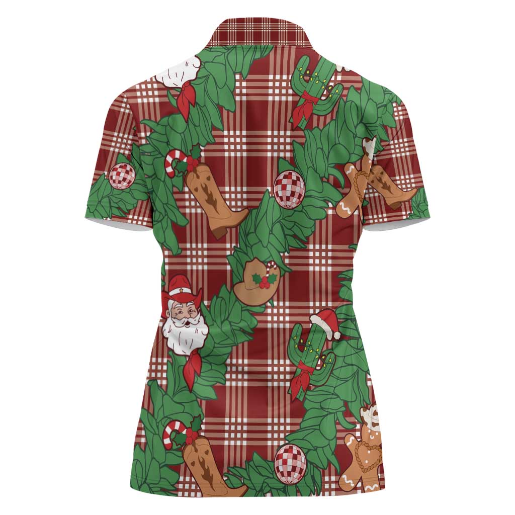 Red Palaka Hawaii Cowboy Christmas Women Polo Shirt Paniolo Mix Maile Lei - Polynesian Pride