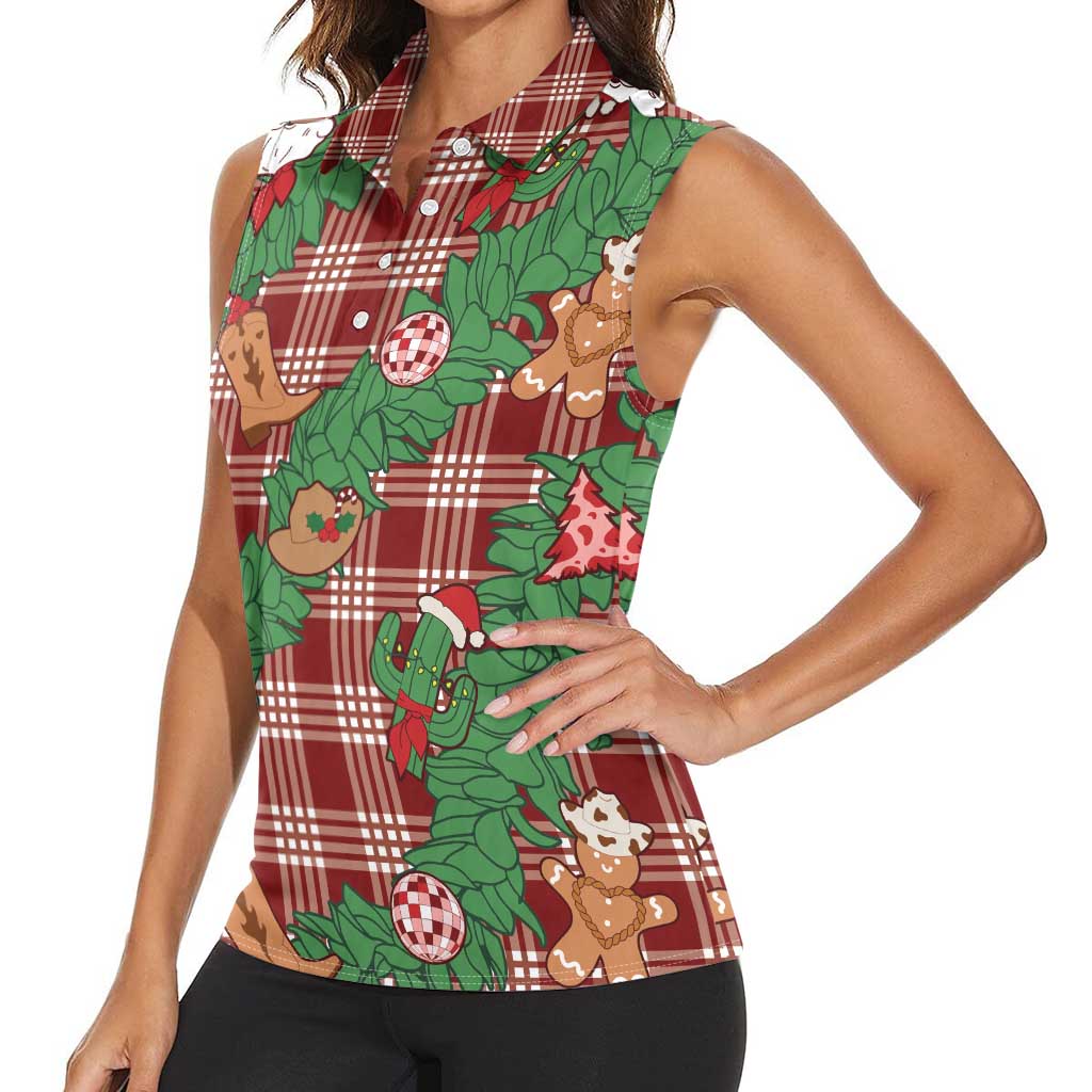 Red Palaka Hawaii Cowboy Christmas Women Sleeveless Polo Shirt Paniolo Mix Maile Lei - Polynesian Pride