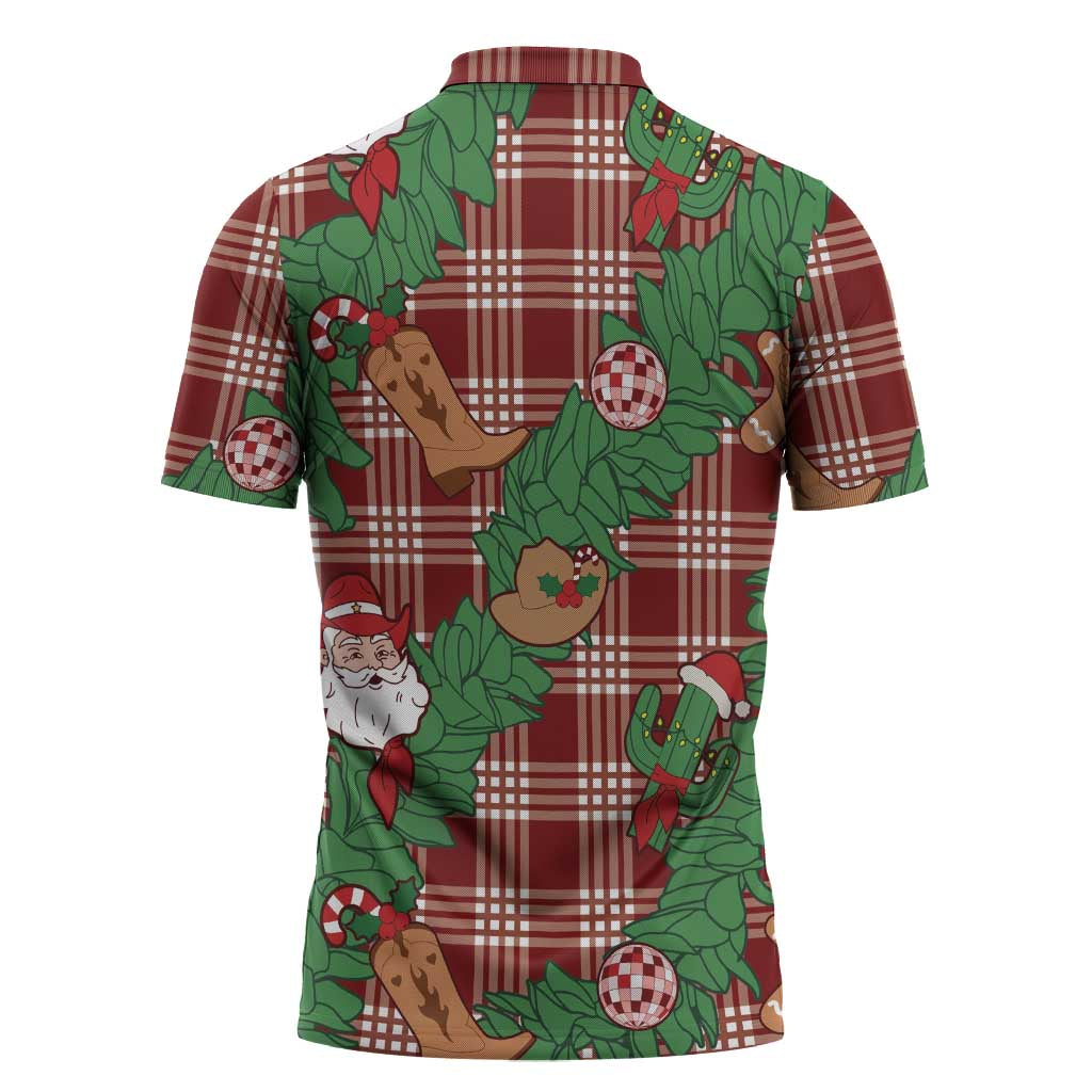Red Palaka Hawaii Cowboy Christmas Zipper Polo Shirt Paniolo Mix Maile Lei - Polynesian Pride