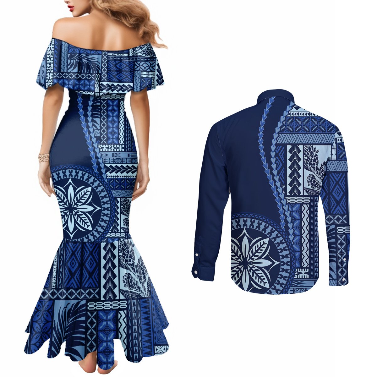 Samoa Siapo Motif Couples Matching Mermaid Dress and Long Sleeve Button Shirt Classic Style - Bue Ver LT7 - Polynesian Pride