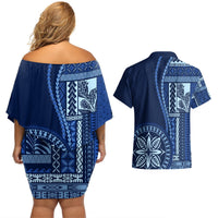 Samoa Siapo Motif Couples Matching Off Shoulder Short Dress and Hawaiian Shirt Classic Style - Bue Ver LT7 - Polynesian Pride