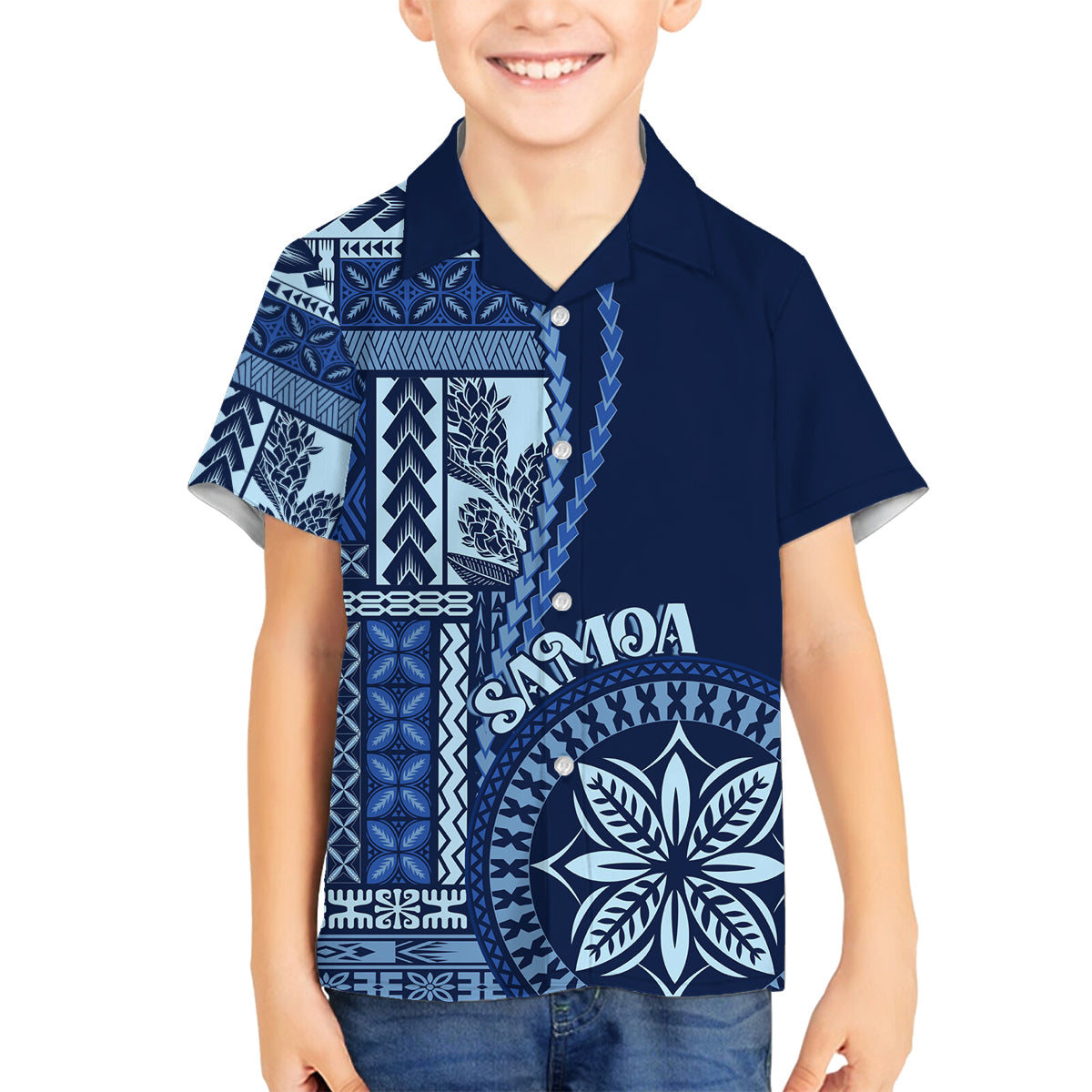 Samoa Siapo Motif Family Matching Off Shoulder Long Sleeve Dress and Hawaiian Shirt Classic Style - Bue Ver LT7 Son's Shirt Blue - Polynesian Pride
