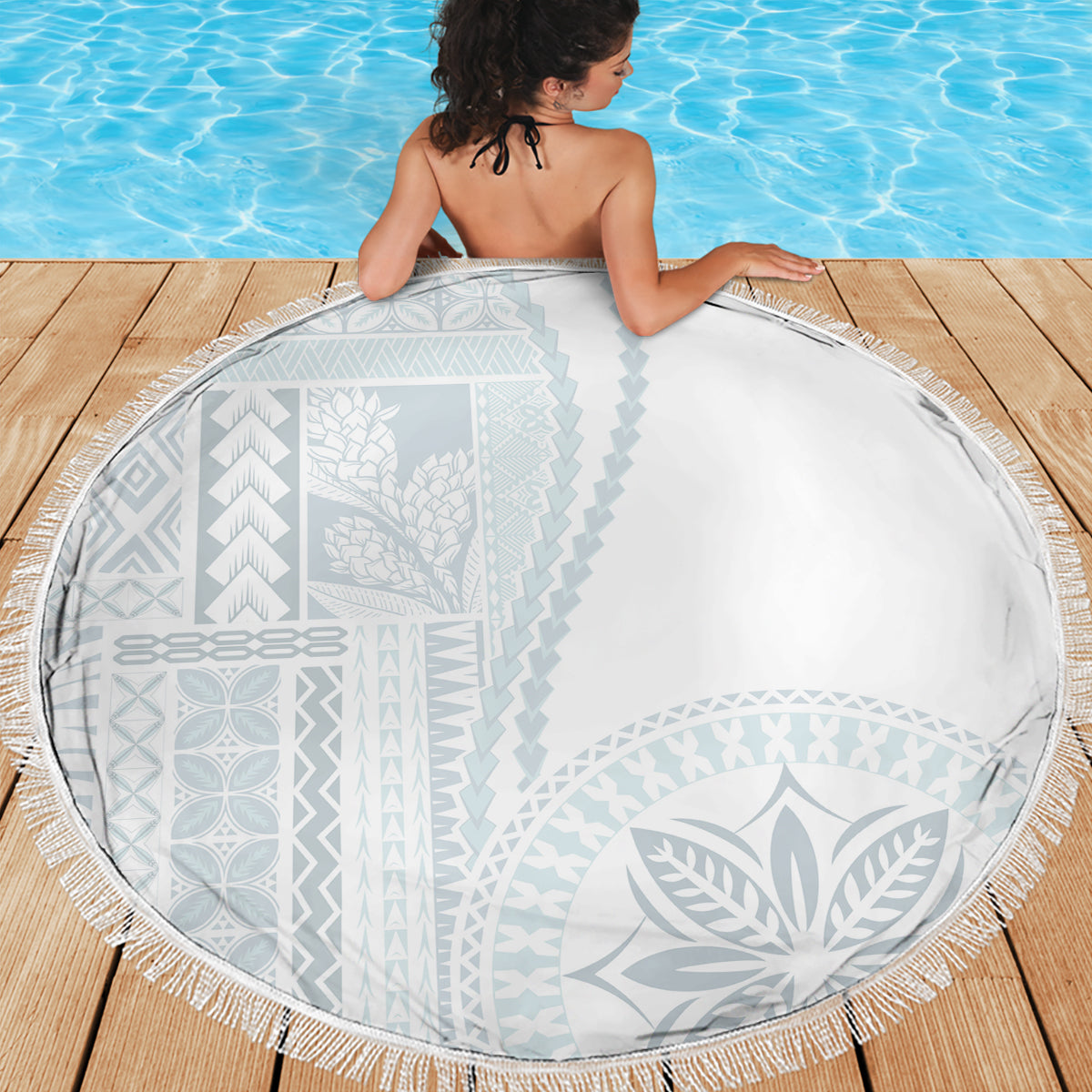 Samoa White Sunday Beach Blanket Classic Siapo Style LT7 - Polynesian Pride