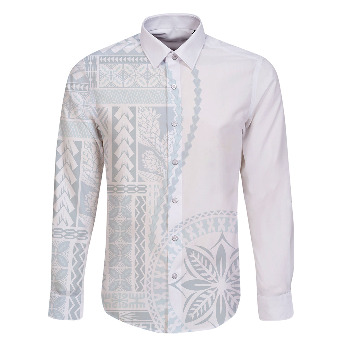 Samoa White Sunday Family Matching Summer Maxi Dress and Hawaiian Shirt Classic Siapo Style LT7 Dad's Shirt - Long Sleeve White - Polynesian Pride