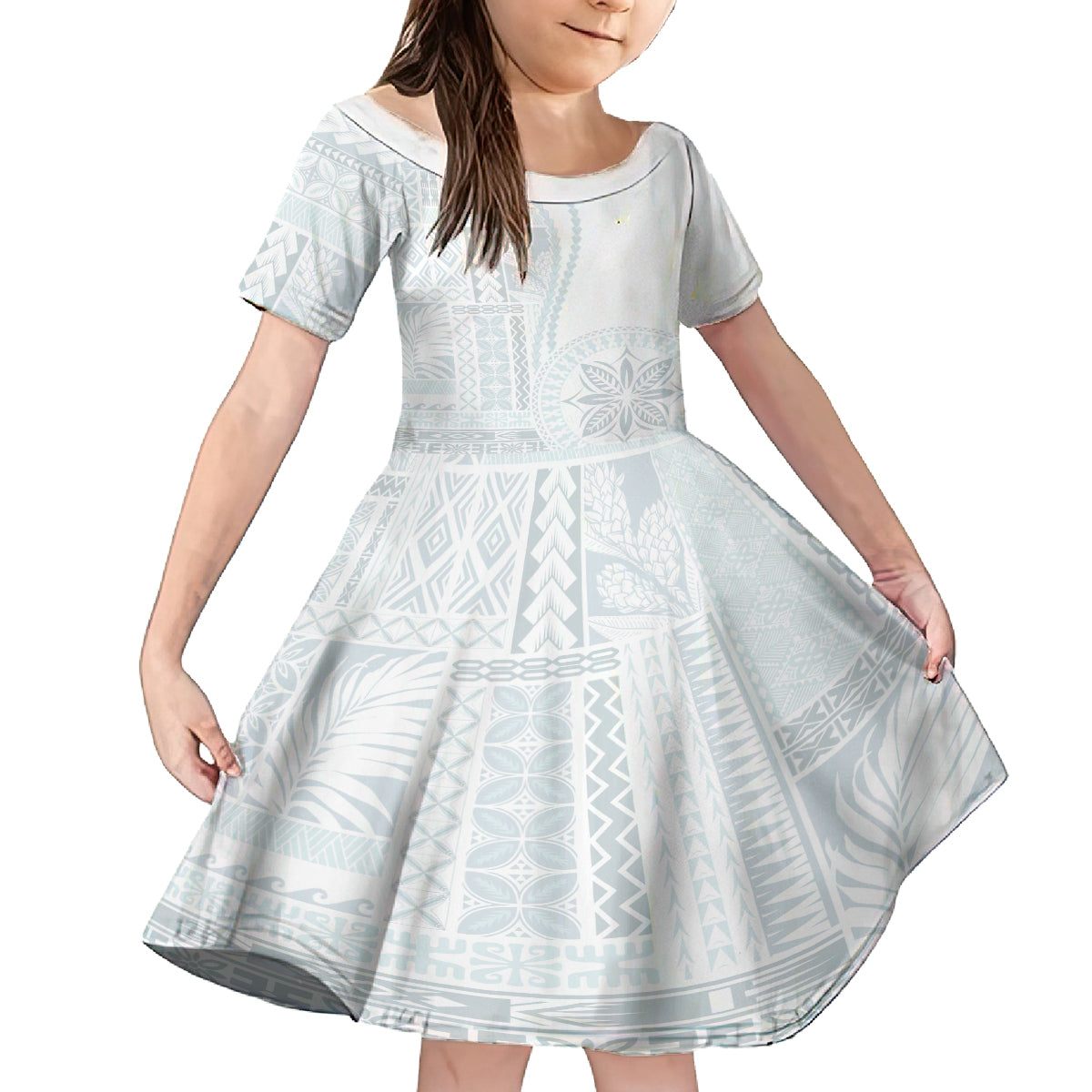 Samoa White Sunday Family Matching Tank Maxi Dress and Hawaiian Shirt Classic Siapo Style LT7 Daughter's Dress White - Polynesian Pride