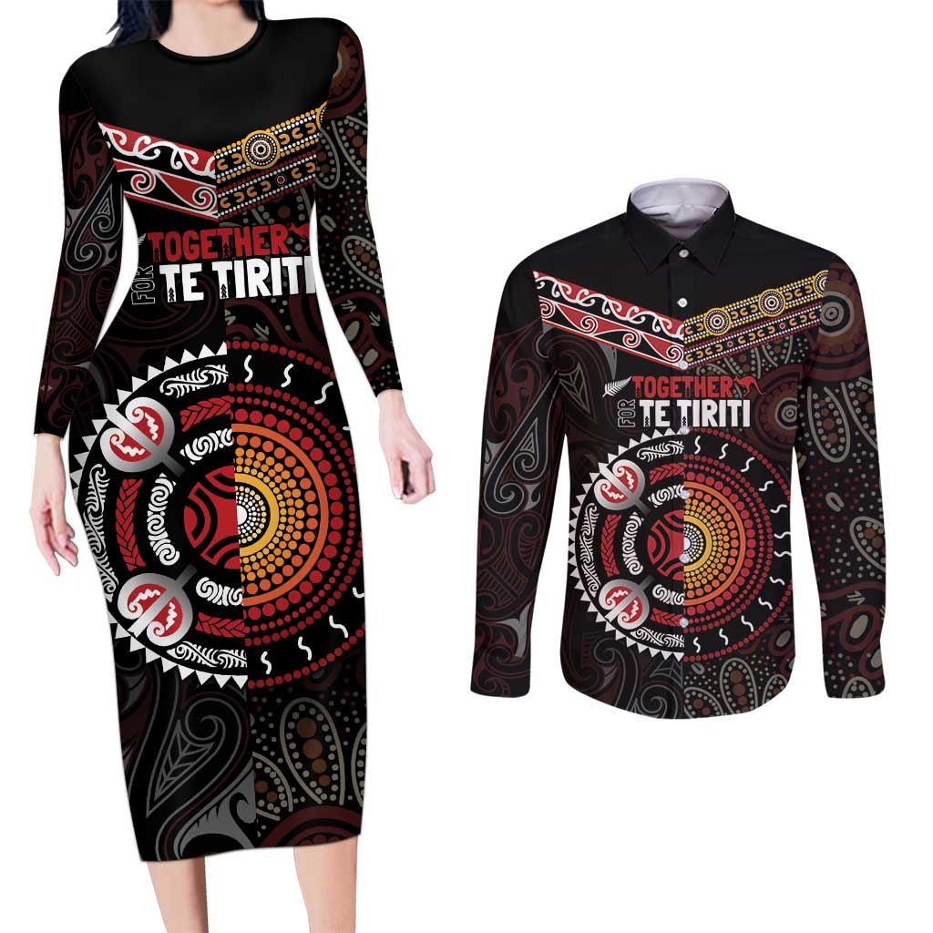 Aotearoa and Australia Indigenous Couples Matching Long Sleeve Bodycon Dress and Long Sleeve Button Shirt Stand Together For Te Tiriti