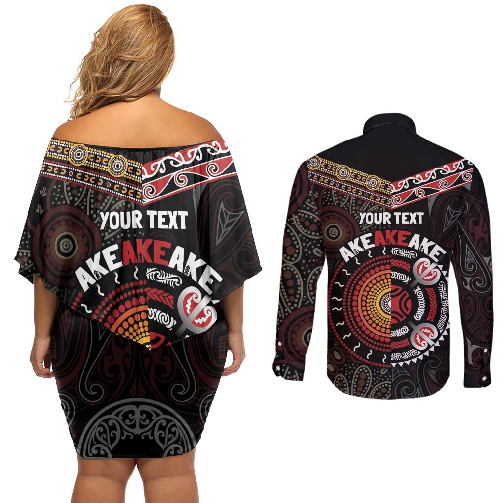 Aotearoa and Australia Indigenous Couples Matching Off Shoulder Short Dress and Long Sleeve Button Shirt Stand Together For Te Tiriti