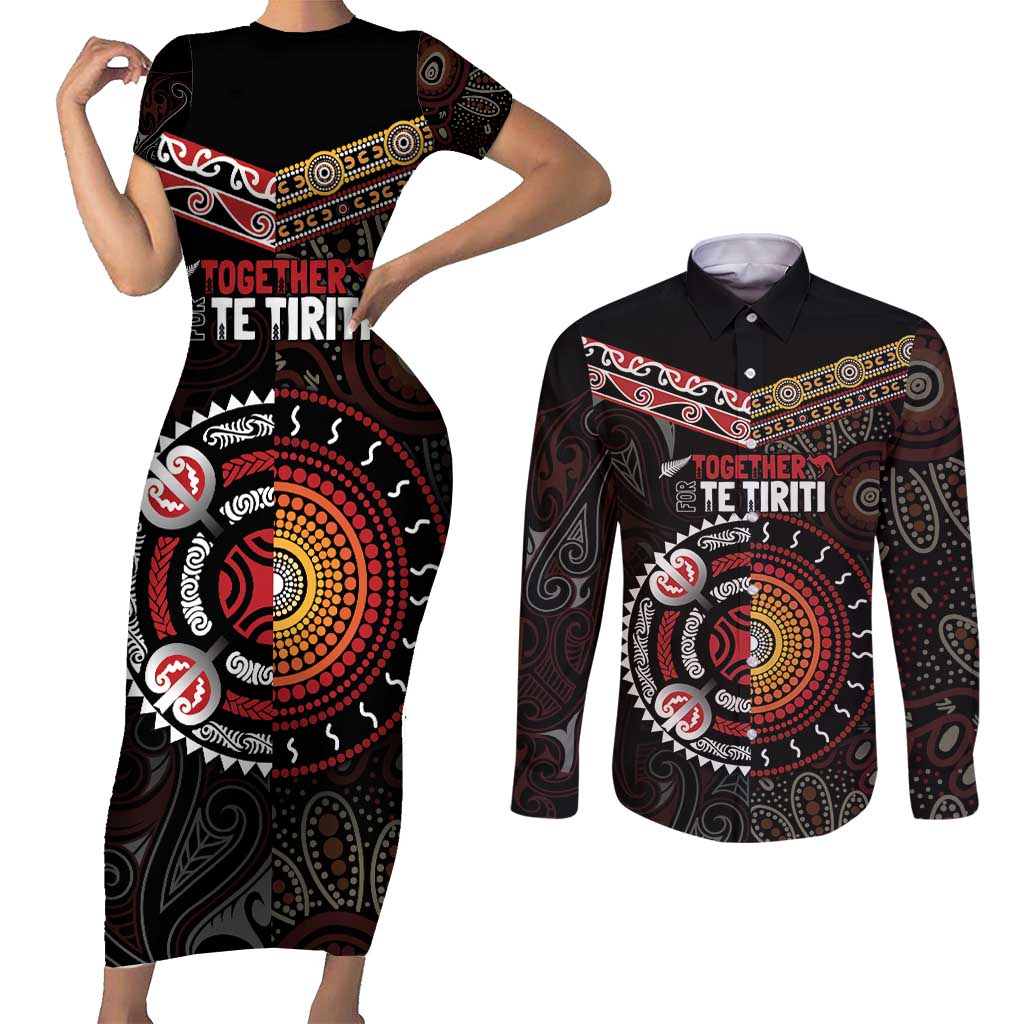 Aotearoa and Australia Indigenous Couples Matching Short Sleeve Bodycon Dress and Long Sleeve Button Shirt Stand Together For Te Tiriti