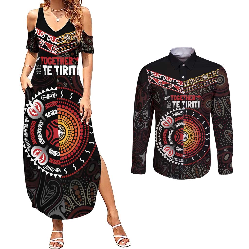 Aotearoa and Australia Indigenous Couples Matching Summer Maxi Dress and Long Sleeve Button Shirt Stand Together For Te Tiriti