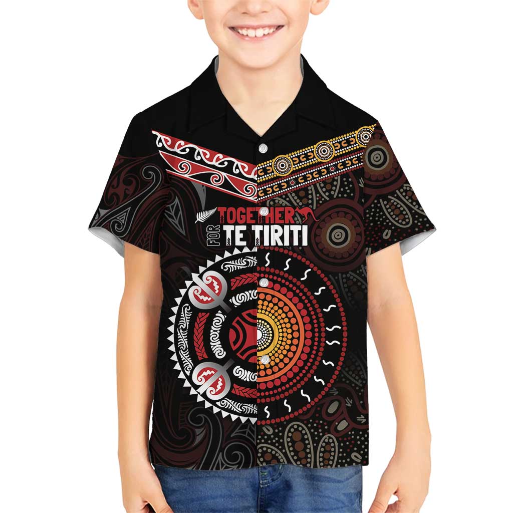 Aotearoa and Australia Indigenous Family Matching Long Sleeve Bodycon Dress and Hawaiian Shirt Stand Together For Te Tiriti LT7 Son's Shirt Black - Polynesian Pride