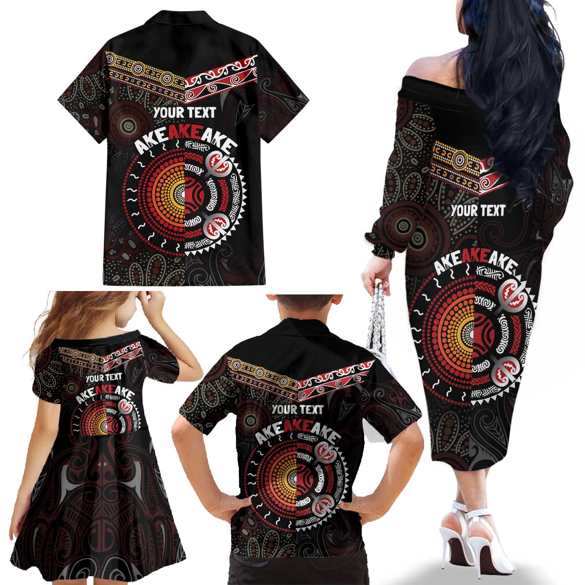 Aotearoa and Australia Indigenous Family Matching Off The Shoulder Long Sleeve Dress and Hawaiian Shirt Stand Together For Te Tiriti LT7 - Polynesian Pride