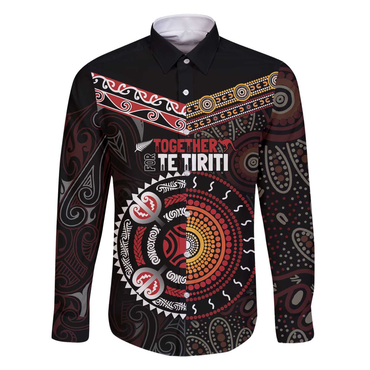Aotearoa and Australia Indigenous Family Matching Off The Shoulder Long Sleeve Dress and Hawaiian Shirt Stand Together For Te Tiriti LT7 Dad's Shirt - Long Sleeve Black - Polynesian Pride