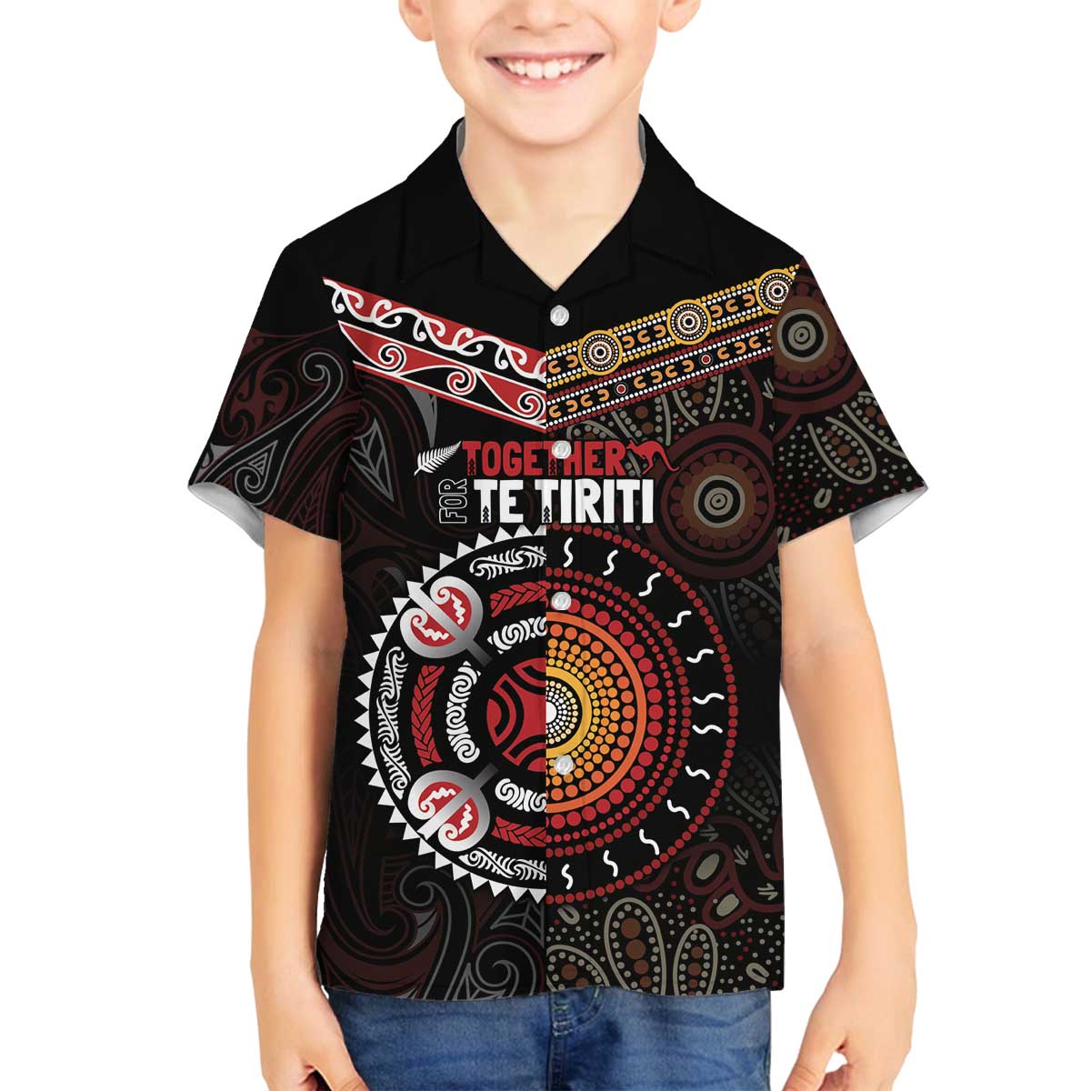 Aotearoa and Australia Indigenous Family Matching Off The Shoulder Long Sleeve Dress and Hawaiian Shirt Stand Together For Te Tiriti LT7 Son's Shirt Black - Polynesian Pride