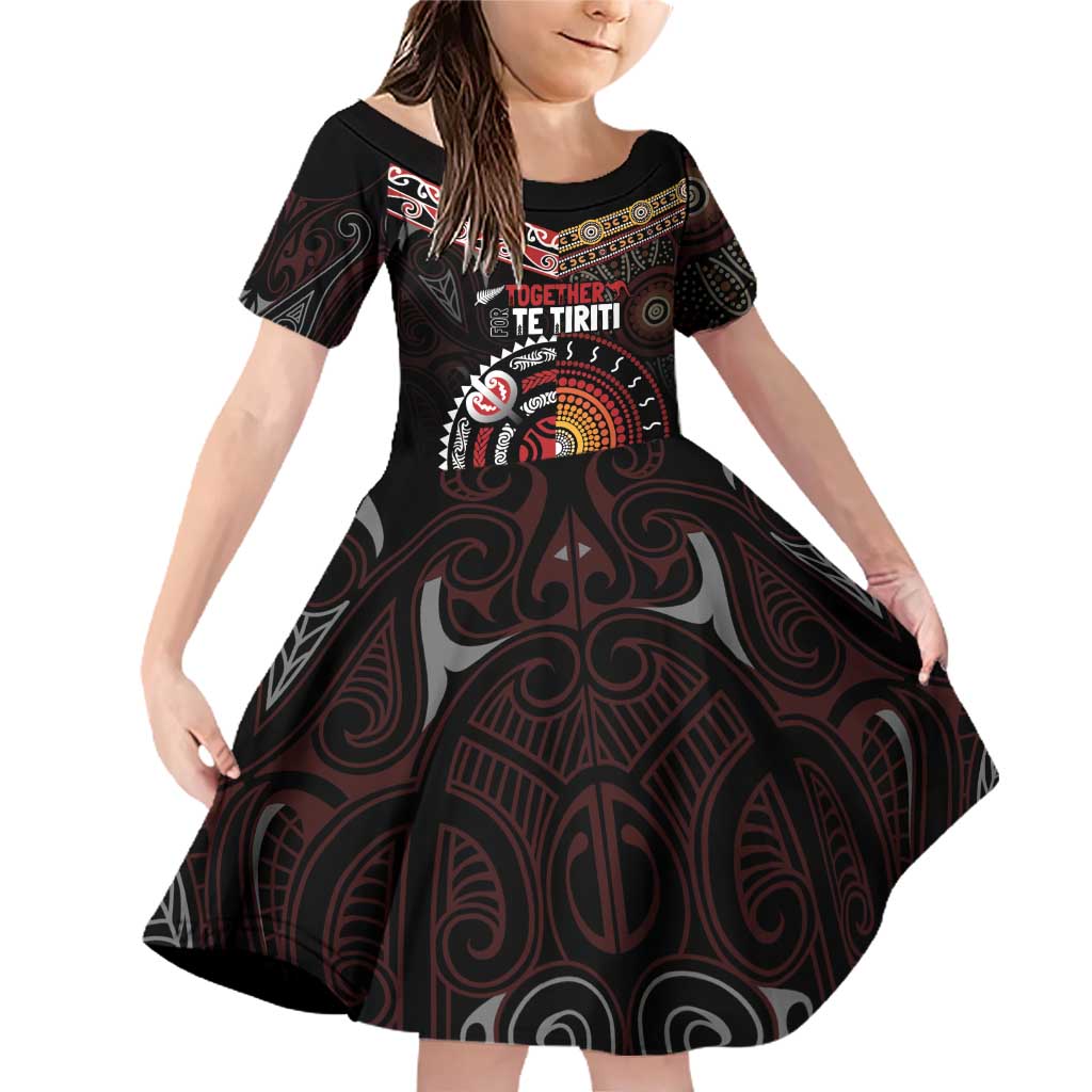 Aotearoa and Australia Indigenous Family Matching Off Shoulder Short Dress and Hawaiian Shirt Stand Together For Te Tiriti LT7 Daughter's Dress Black - Polynesian Pride