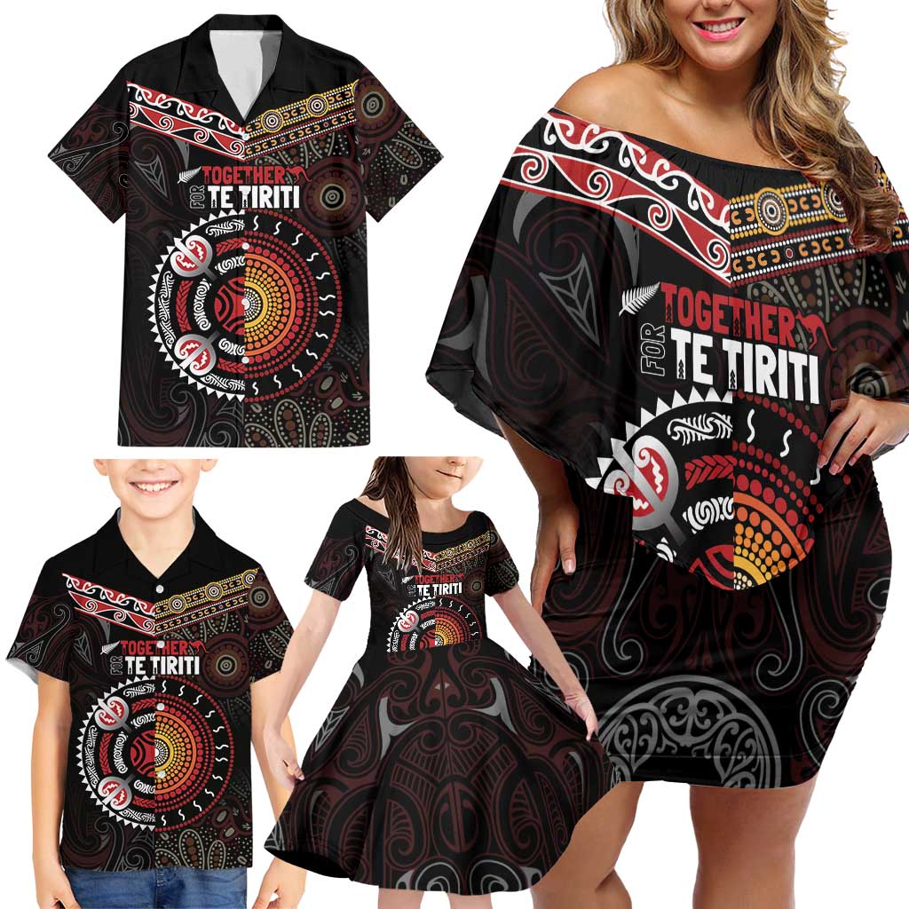 Aotearoa and Australia Indigenous Family Matching Off Shoulder Short Dress and Hawaiian Shirt Stand Together For Te Tiriti LT7 - Polynesian Pride