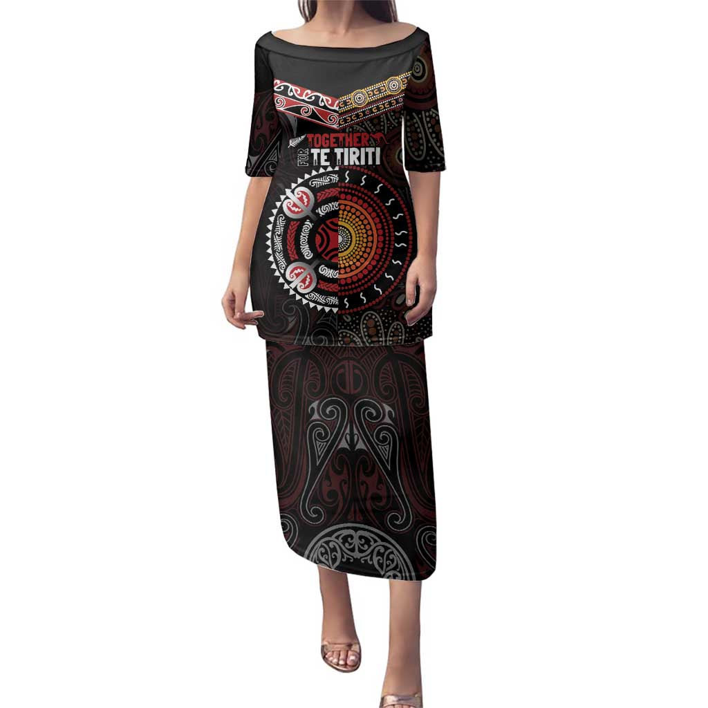 Aotearoa and Australia Indigenous Family Matching Puletasi and Hawaiian Shirt Stand Together For Te Tiriti LT7 Mom's Dress Black - Polynesian Pride