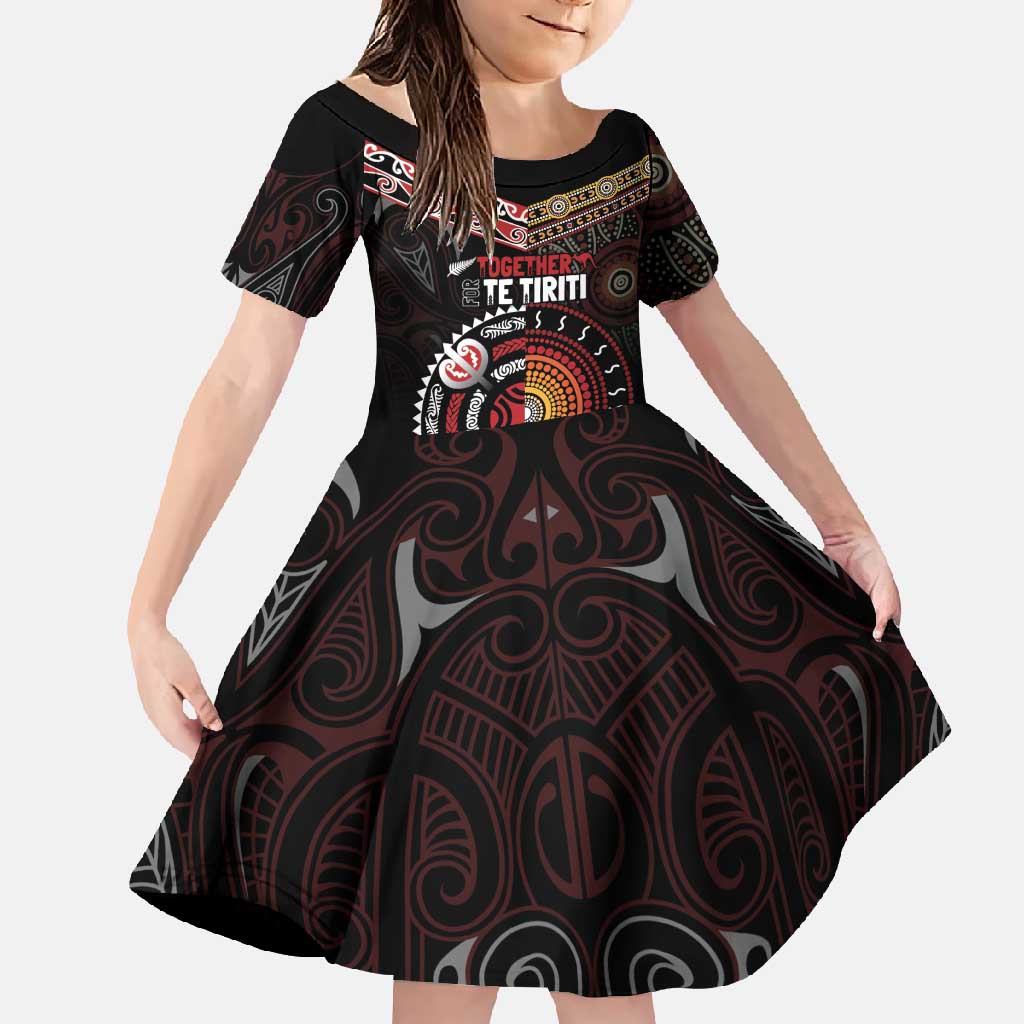 Aotearoa and Australia Indigenous Family Matching Summer Maxi Dress and Hawaiian Shirt Stand Together For Te Tiriti LT7 Daughter's Dress Black - Polynesian Pride