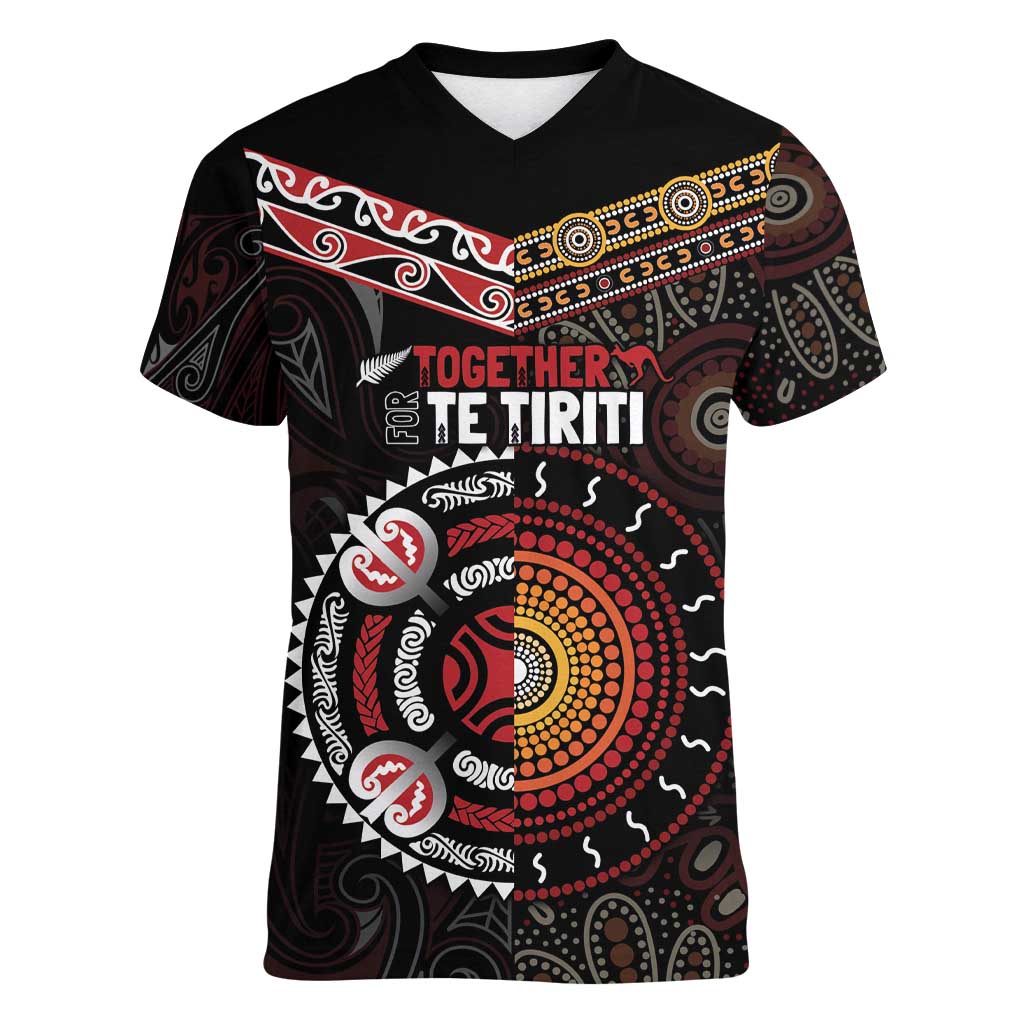 Aotearoa and Australia Indigenous Women V-Neck T-Shirt Stand Together For Te Tiriti