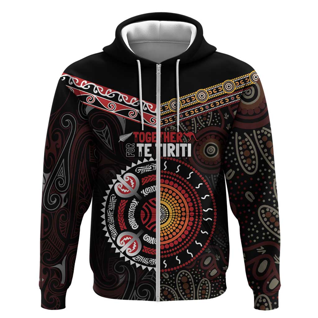 Aotearoa and Australia Indigenous Zip Hoodie Stand Together For Te Tiriti LT7 Zip Hoodie Black - Polynesian Pride