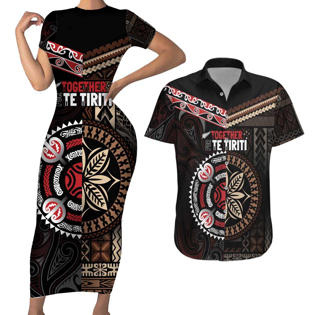 Aotearoa and Samoa Together For Te Tiriti Couples Matching Short Sleeve Bodycon Dress and Hawaiian Shirt Kowhaiwhai Mix Siapo LT7 Black - Polynesian Pride