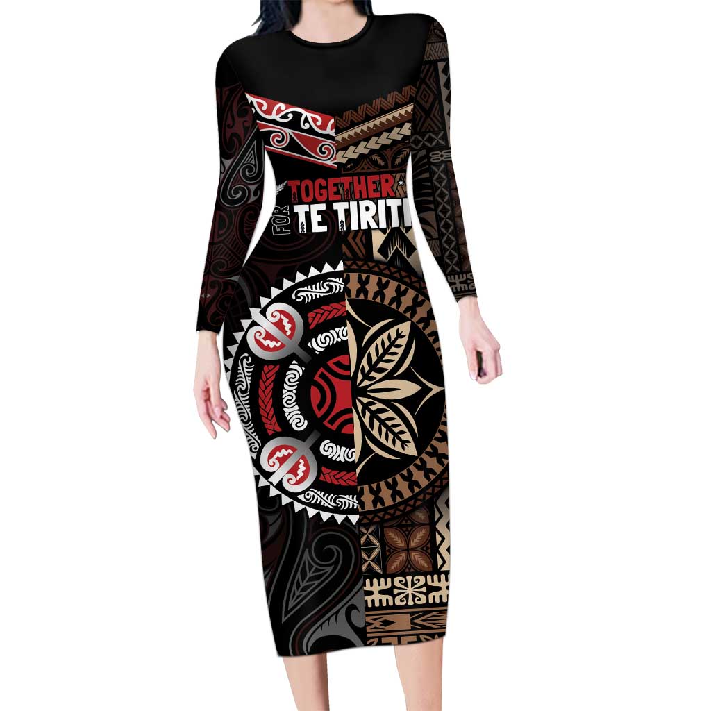 Aotearoa and Samoa Together For Te Tiriti Family Matching Long Sleeve Bodycon Dress and Hawaiian Shirt Kowhaiwhai Mix Siapo LT7 Mom's Dress Black - Polynesian Pride
