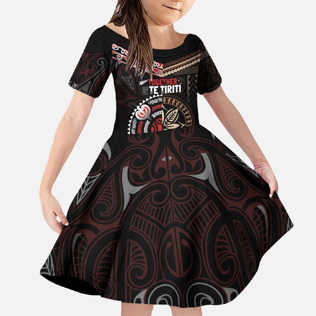 Aotearoa and Samoa Together For Te Tiriti Family Matching Mermaid Dress and Hawaiian Shirt Kowhaiwhai Mix Siapo LT7 Daughter's Dress Black - Polynesian Pride