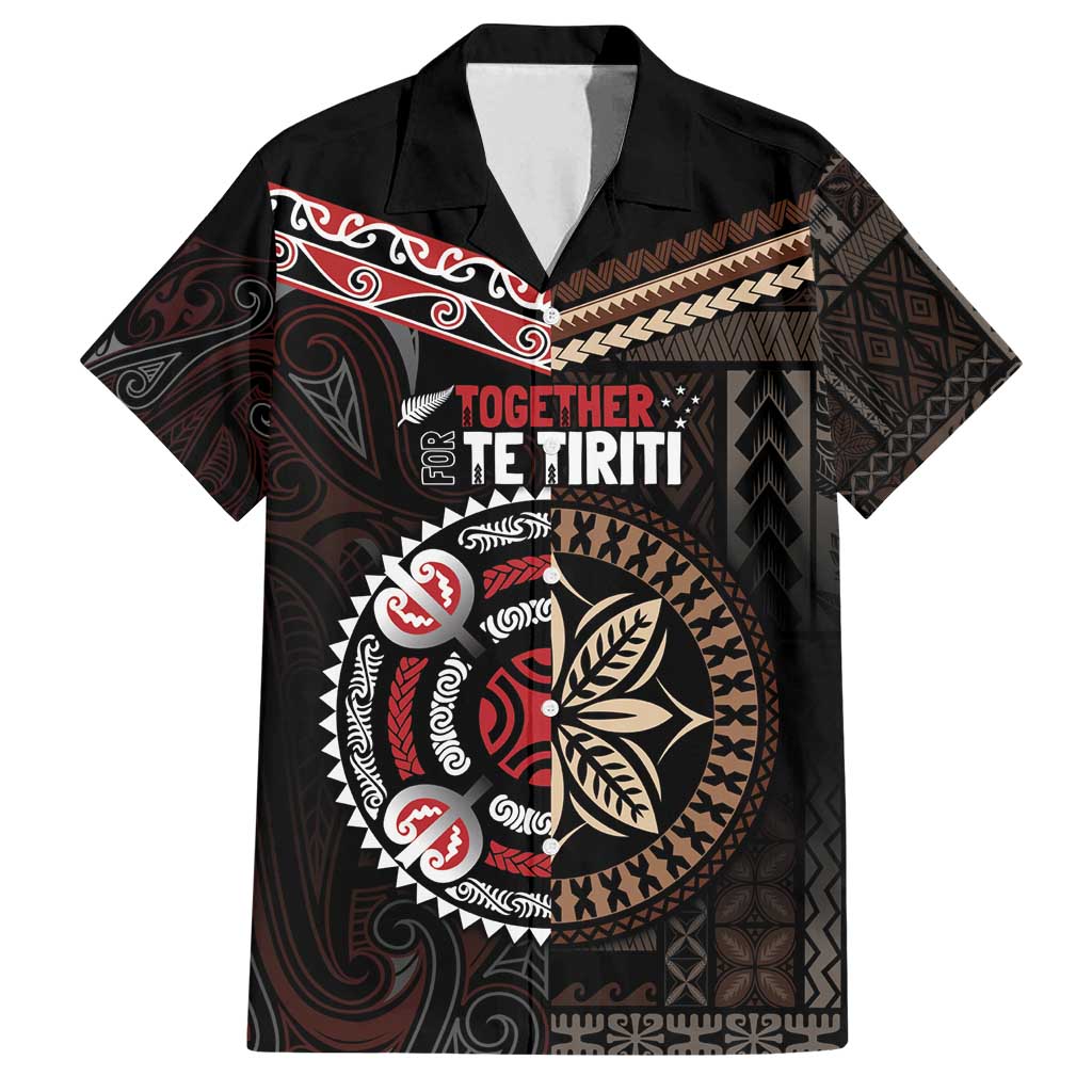 Aotearoa and Samoa Together For Te Tiriti Family Matching Off Shoulder Maxi Dress and Hawaiian Shirt Kowhaiwhai Mix Siapo LT7 Dad's Shirt - Short Sleeve Black - Polynesian Pride