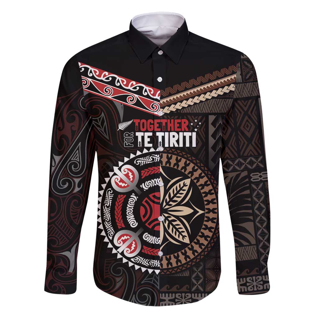 Aotearoa and Samoa Together For Te Tiriti Family Matching Off Shoulder Short Dress and Hawaiian Shirt Kowhaiwhai Mix Siapo LT7 Dad's Shirt - Long Sleeve Black - Polynesian Pride