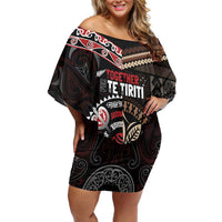 Aotearoa and Samoa Together For Te Tiriti Family Matching Off Shoulder Short Dress and Hawaiian Shirt Kowhaiwhai Mix Siapo LT7 Mom's Dress Black - Polynesian Pride