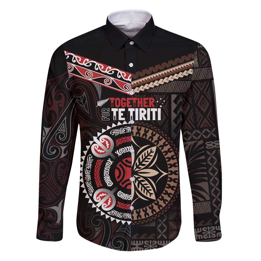 Aotearoa and Samoa Together For Te Tiriti Family Matching Puletasi and Hawaiian Shirt Kowhaiwhai Mix Siapo LT7 Dad's Shirt - Long Sleeve Black - Polynesian Pride