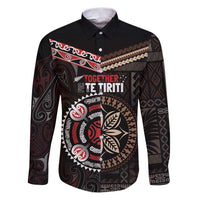 Aotearoa and Samoa Together For Te Tiriti Family Matching Puletasi and Hawaiian Shirt Kowhaiwhai Mix Siapo LT7 Dad's Shirt - Long Sleeve Black - Polynesian Pride