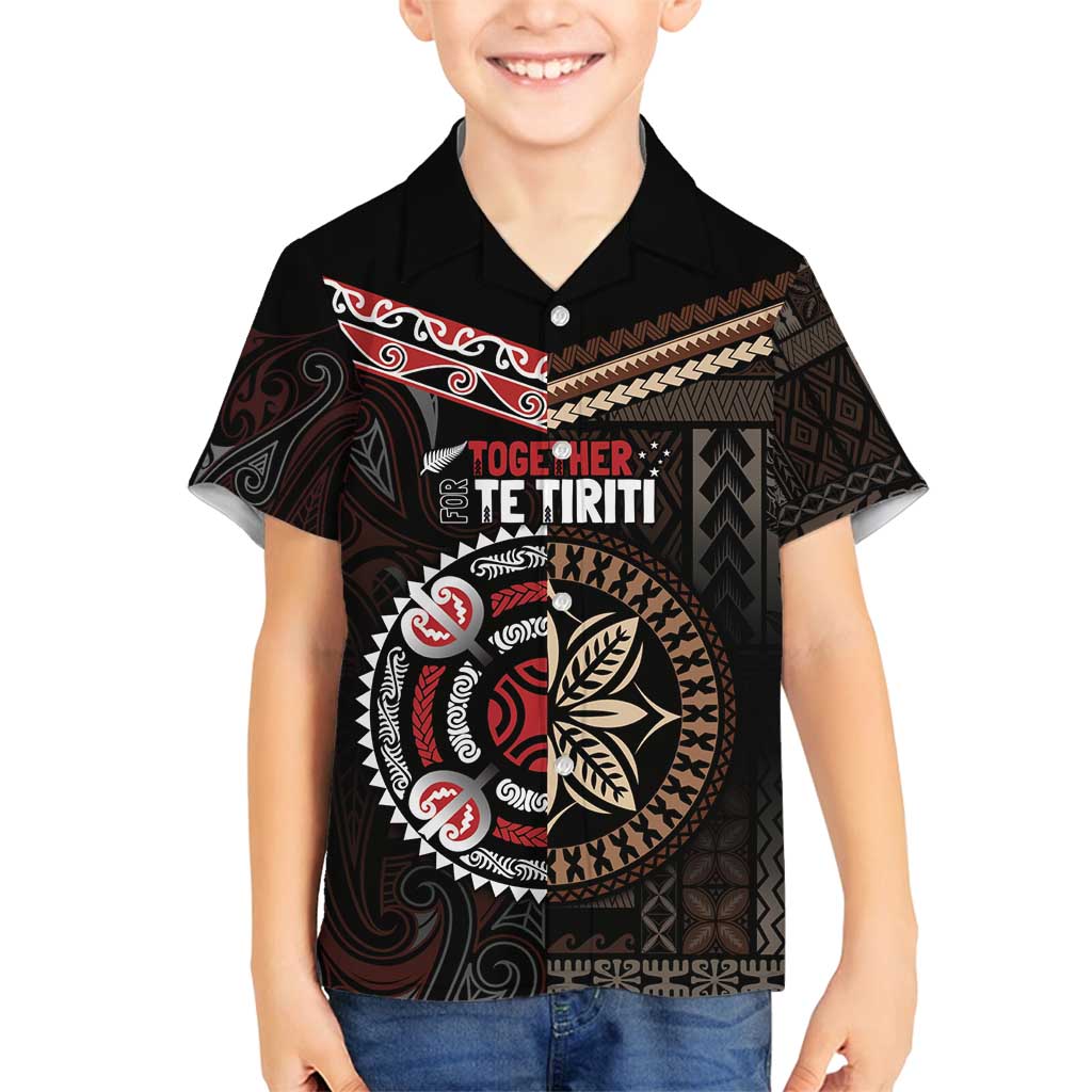 Aotearoa and Samoa Together For Te Tiriti Family Matching Puletasi and Hawaiian Shirt Kowhaiwhai Mix Siapo LT7 Son's Shirt Black - Polynesian Pride
