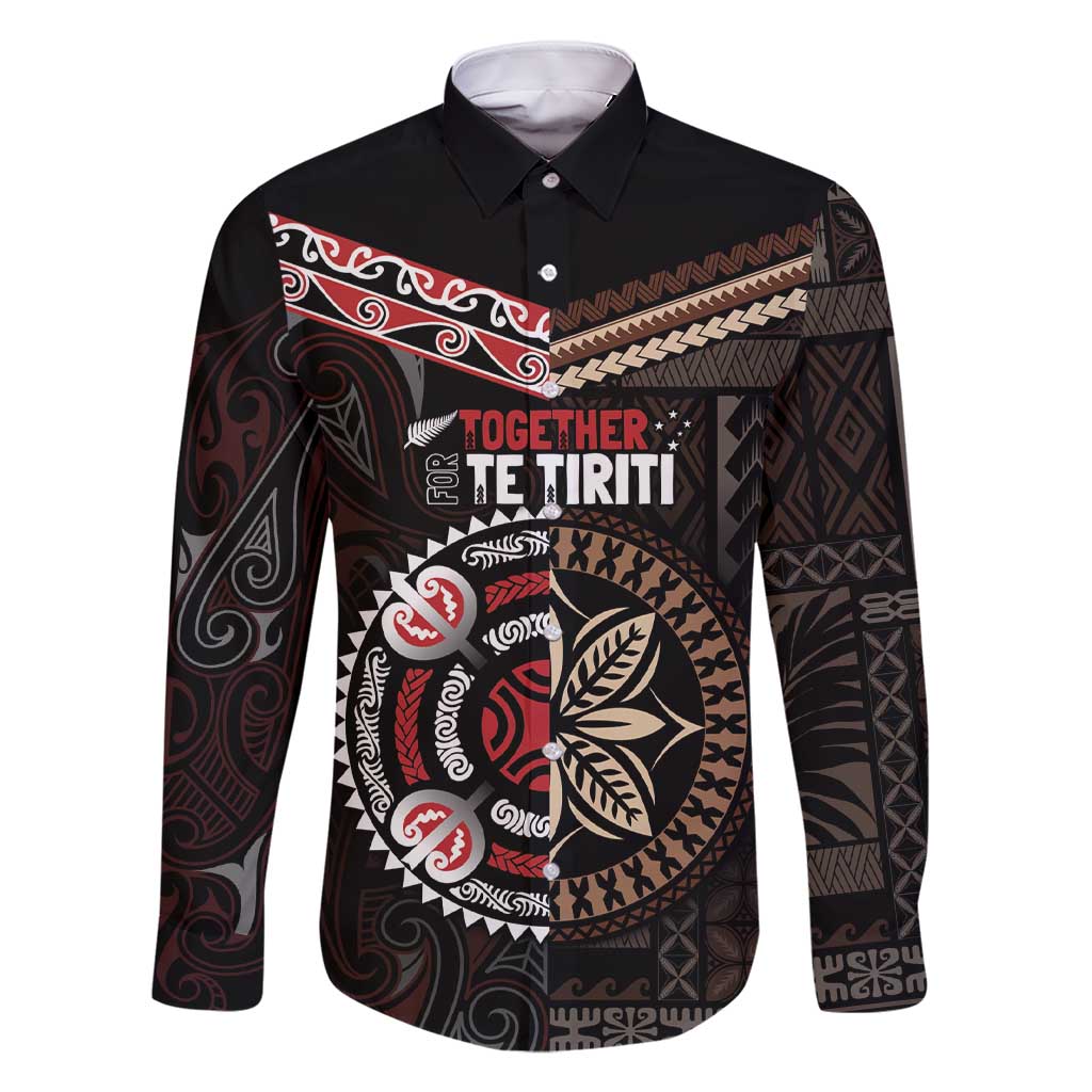 Aotearoa and Samoa Together For Te Tiriti Family Matching Short Sleeve Bodycon Dress and Hawaiian Shirt Kowhaiwhai Mix Siapo LT7 Dad's Shirt - Long Sleeve Black - Polynesian Pride