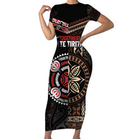 Aotearoa and Samoa Together For Te Tiriti Family Matching Short Sleeve Bodycon Dress and Hawaiian Shirt Kowhaiwhai Mix Siapo LT7 Mom's Dress Black - Polynesian Pride