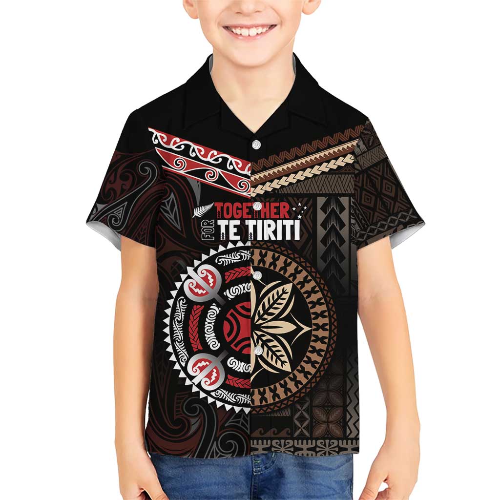 Aotearoa and Samoa Together For Te Tiriti Family Matching Short Sleeve Bodycon Dress and Hawaiian Shirt Kowhaiwhai Mix Siapo LT7 Son's Shirt Black - Polynesian Pride