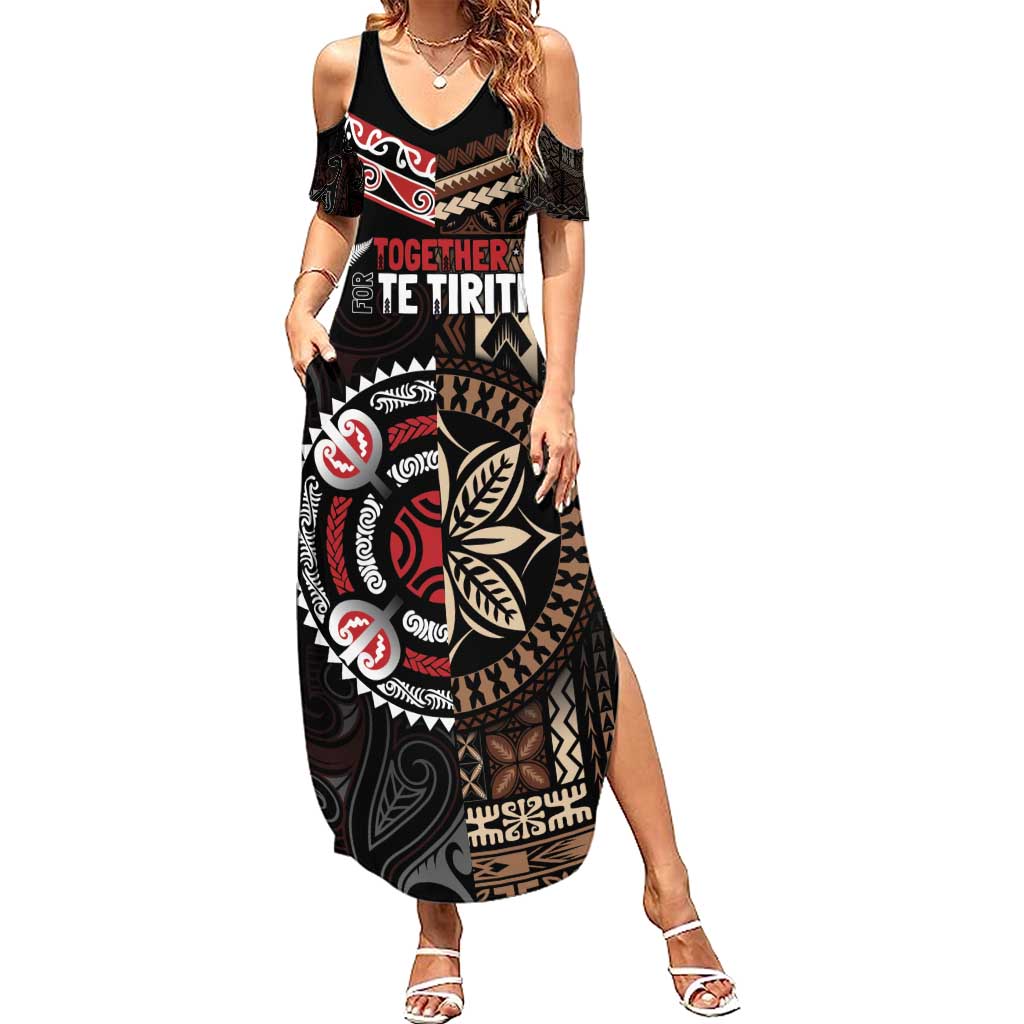 Aotearoa and Samoa Together For Te Tiriti Family Matching Summer Maxi Dress and Hawaiian Shirt Kowhaiwhai Mix Siapo LT7 Mom's Dress Black - Polynesian Pride