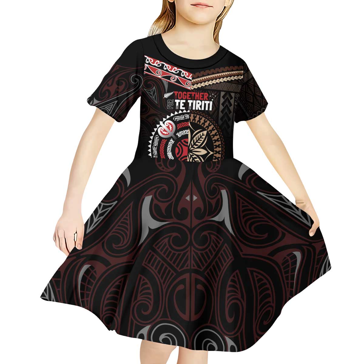Aotearoa and Samoa Together For Te Tiriti Kid Short Sleeve Dress Kowhaiwhai Mix Siapo