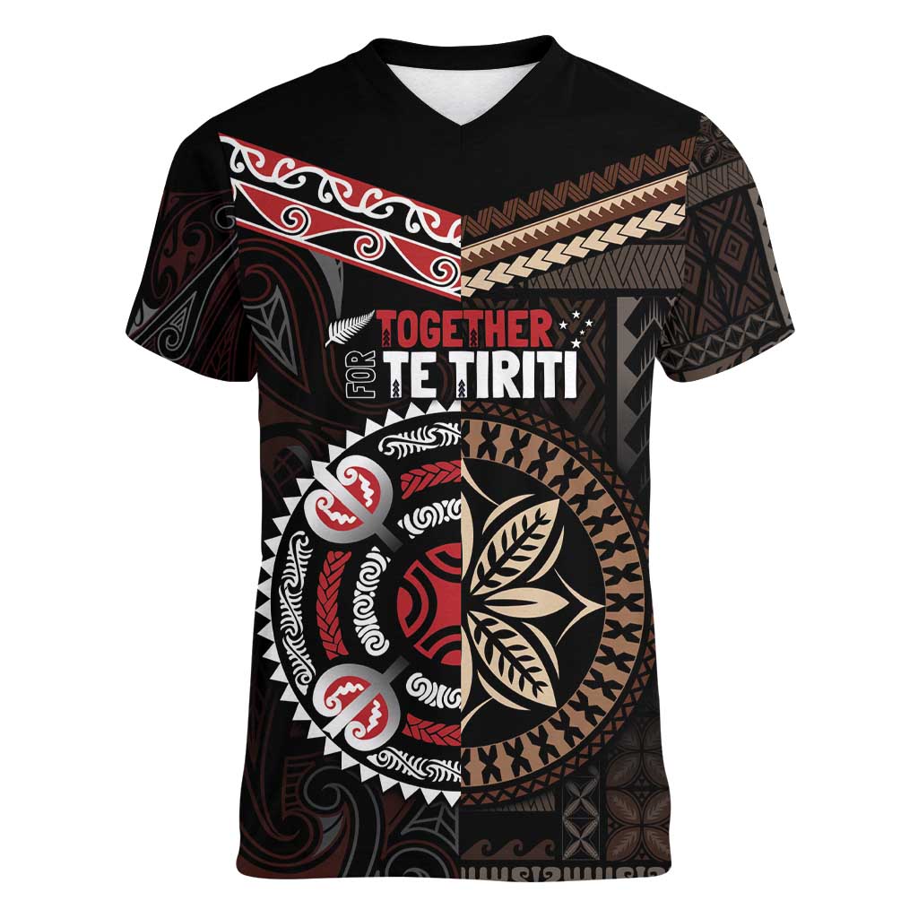 Aotearoa and Samoa Together For Te Tiriti Women V-Neck T-Shirt Kowhaiwhai Mix Siapo