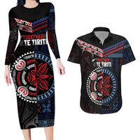 Aotearoa and Samoa Together For Te Tiriti Couples Matching Long Sleeve Bodycon Dress and Hawaiian Shirt Kowhaiwhai Mix Siapo - Flag Color LT7 Black - Polynesian Pride