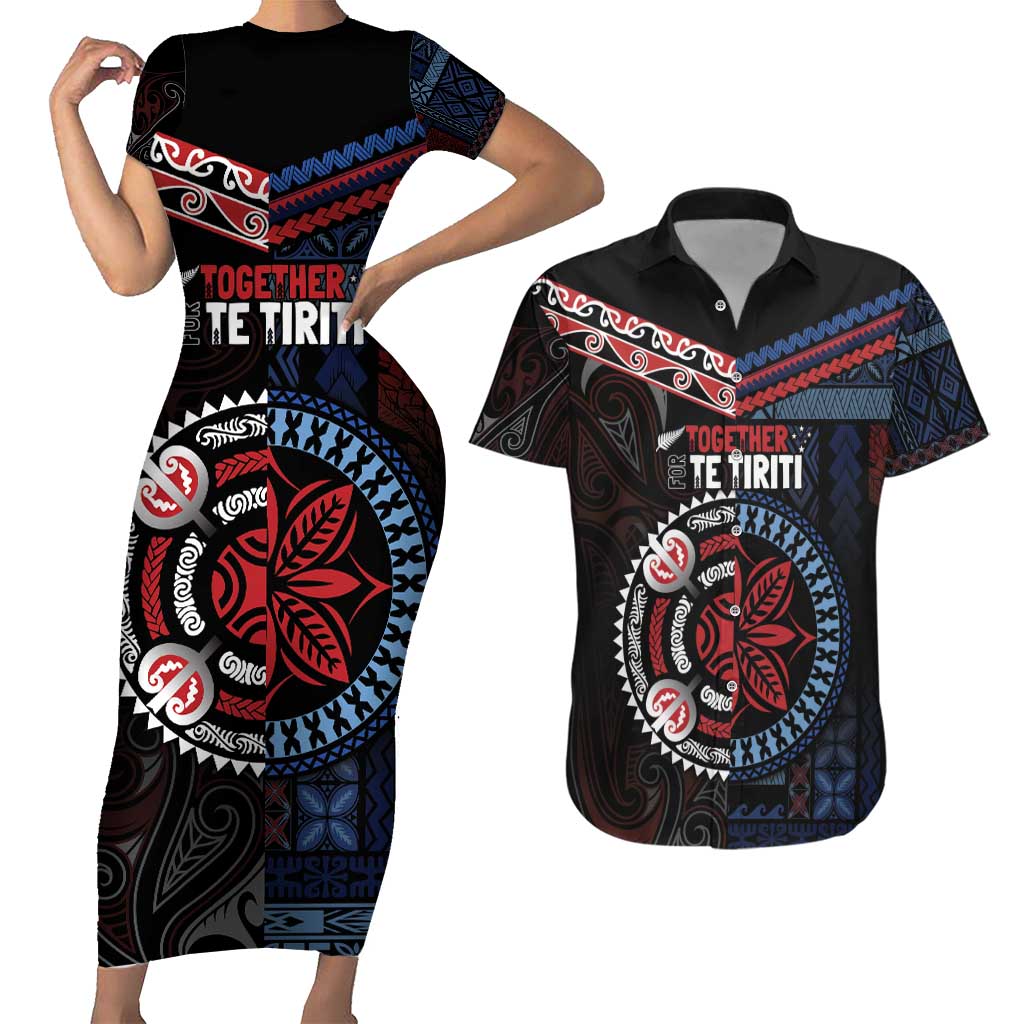 Aotearoa and Samoa Together For Te Tiriti Couples Matching Short Sleeve Bodycon Dress and Hawaiian Shirt Kowhaiwhai Mix Siapo - Flag Color LT7 Black - Polynesian Pride