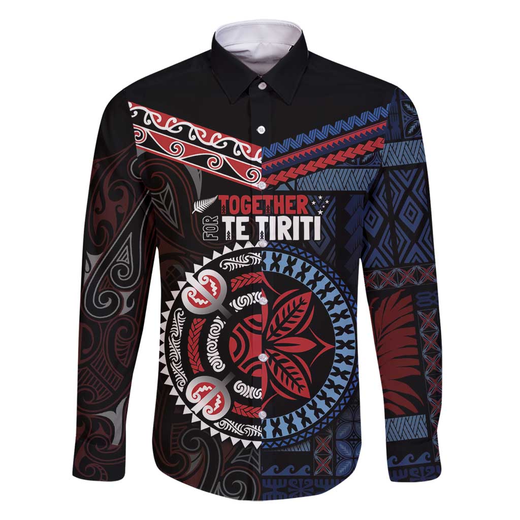 Aotearoa and Samoa Together For Te Tiriti Family Matching Long Sleeve Bodycon Dress and Hawaiian Shirt Kowhaiwhai Mix Siapo - Flag Color LT7 Dad's Shirt - Long Sleeve Black - Polynesian Pride
