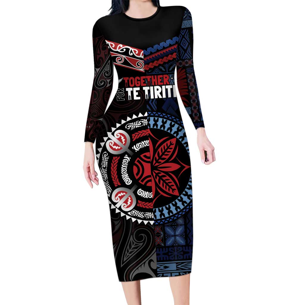 Aotearoa and Samoa Together For Te Tiriti Family Matching Long Sleeve Bodycon Dress and Hawaiian Shirt Kowhaiwhai Mix Siapo - Flag Color LT7 Mom's Dress Black - Polynesian Pride