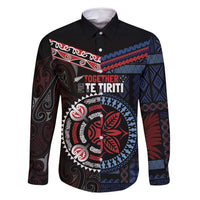 Aotearoa and Samoa Together For Te Tiriti Family Matching Mermaid Dress and Hawaiian Shirt Kowhaiwhai Mix Siapo - Flag Color LT7 Dad's Shirt - Long Sleeve Black - Polynesian Pride