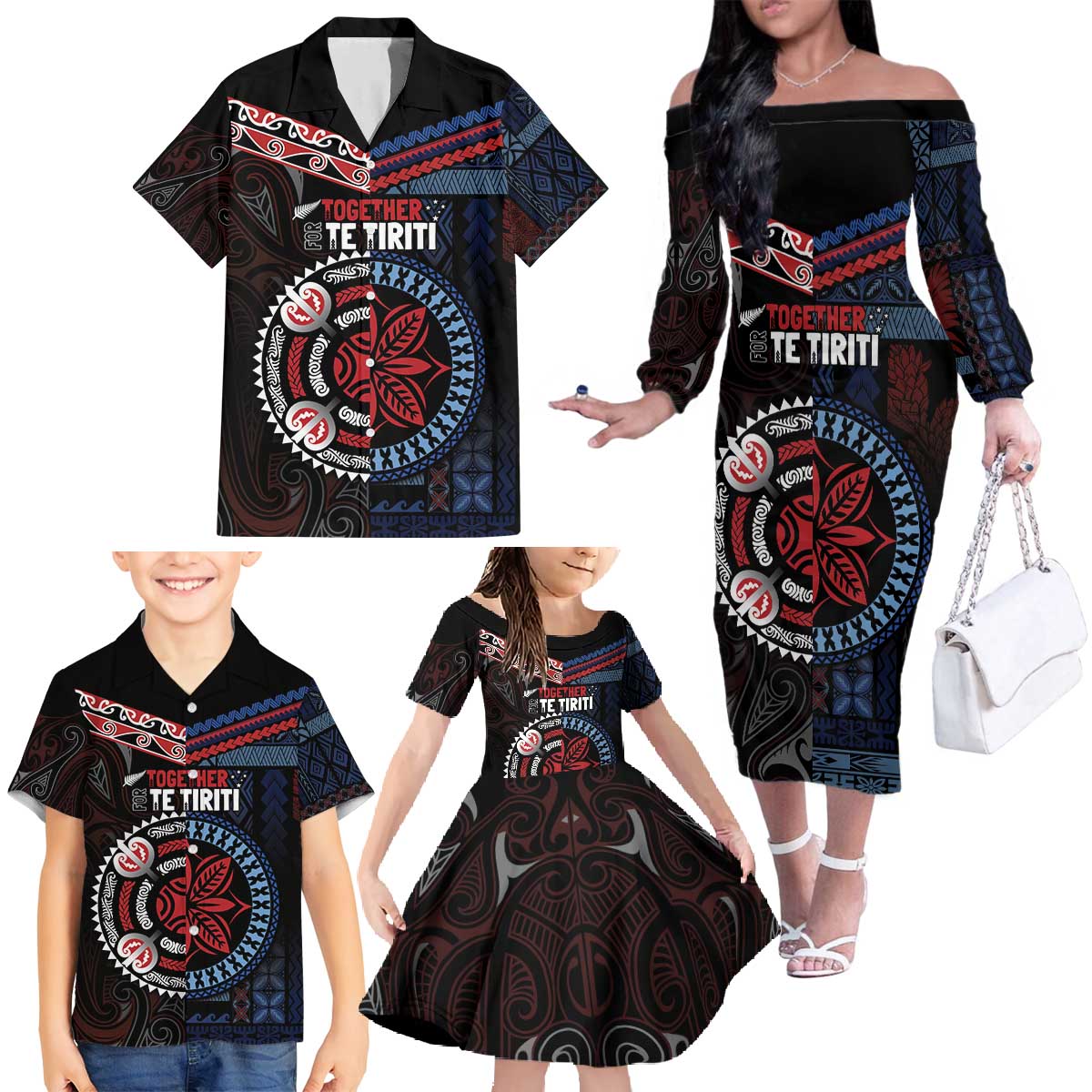 Aotearoa and Samoa Together For Te Tiriti Family Matching Off The Shoulder Long Sleeve Dress and Hawaiian Shirt Kowhaiwhai Mix Siapo - Flag Color LT7 - Polynesian Pride