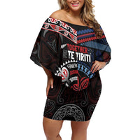 Aotearoa and Samoa Together For Te Tiriti Family Matching Off Shoulder Short Dress and Hawaiian Shirt Kowhaiwhai Mix Siapo - Flag Color LT7 Mom's Dress Black - Polynesian Pride