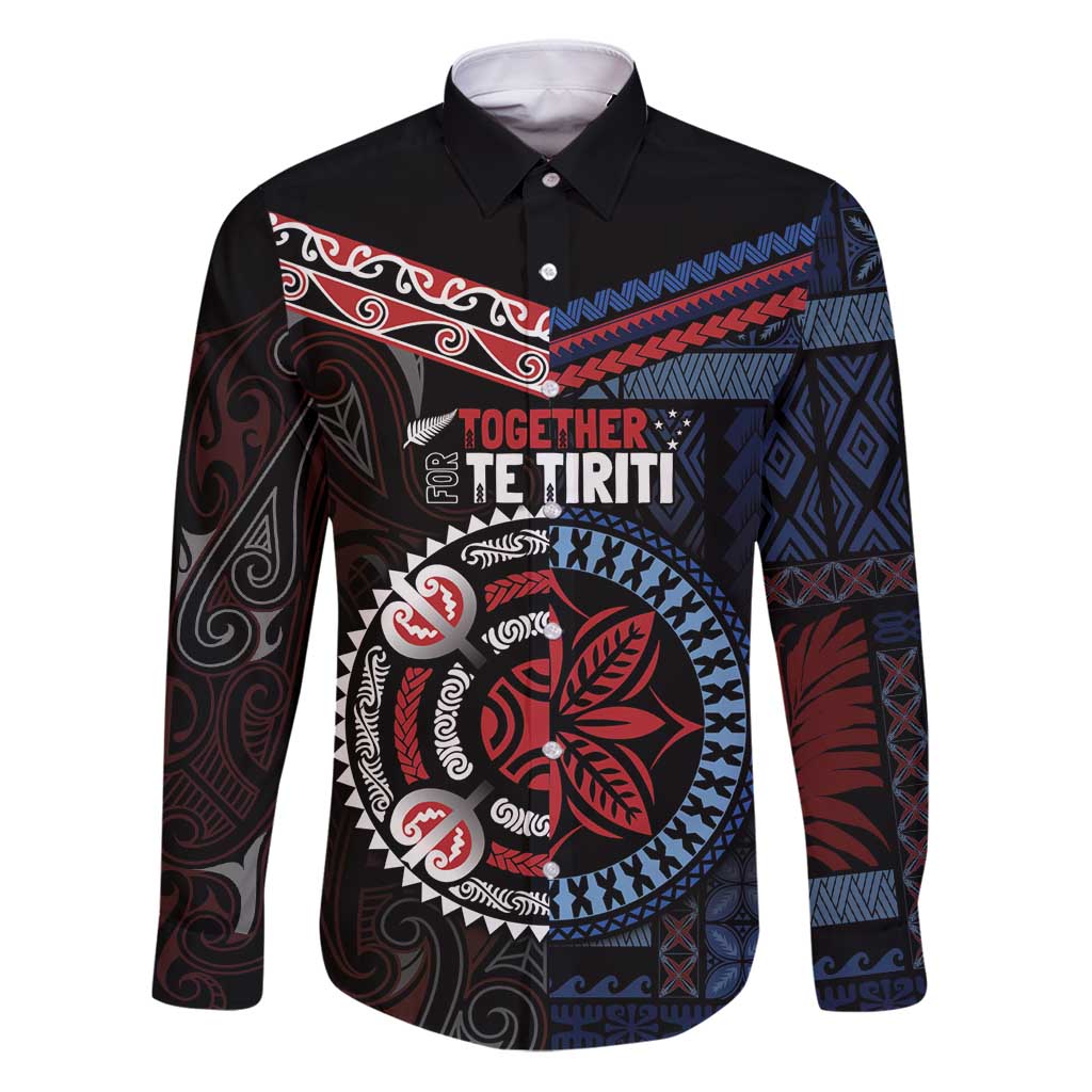 Aotearoa and Samoa Together For Te Tiriti Family Matching Puletasi and Hawaiian Shirt Kowhaiwhai Mix Siapo - Flag Color LT7 Dad's Shirt - Long Sleeve Black - Polynesian Pride
