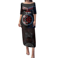 Aotearoa and Samoa Together For Te Tiriti Family Matching Puletasi and Hawaiian Shirt Kowhaiwhai Mix Siapo - Flag Color LT7 Mom's Dress Black - Polynesian Pride