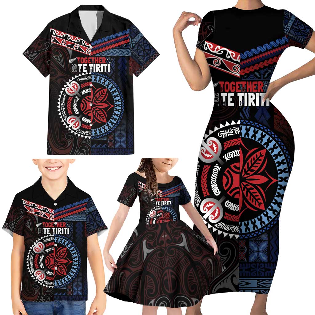Aotearoa and Samoa Together For Te Tiriti Family Matching Short Sleeve Bodycon Dress and Hawaiian Shirt Kowhaiwhai Mix Siapo - Flag Color LT7 - Polynesian Pride