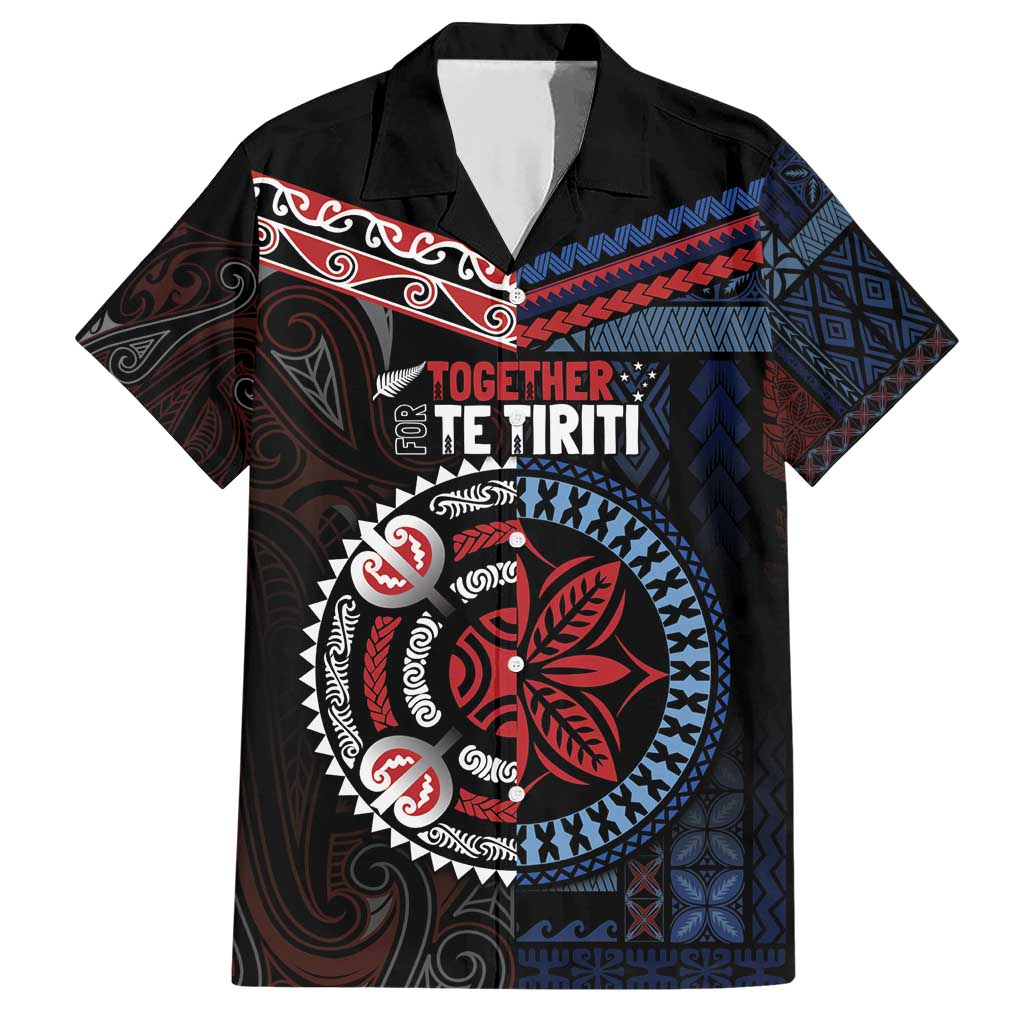 Aotearoa and Samoa Together For Te Tiriti Family Matching Short Sleeve Bodycon Dress and Hawaiian Shirt Kowhaiwhai Mix Siapo - Flag Color LT7 Dad's Shirt - Short Sleeve Black - Polynesian Pride