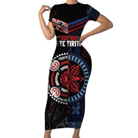 Aotearoa and Samoa Together For Te Tiriti Family Matching Short Sleeve Bodycon Dress and Hawaiian Shirt Kowhaiwhai Mix Siapo - Flag Color LT7 Mom's Dress Black - Polynesian Pride